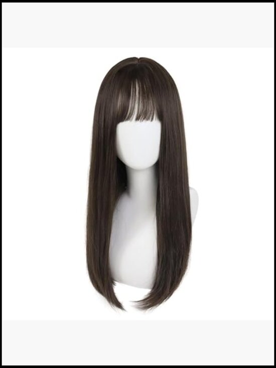 24 Inch Long Straight Wig With Bangs Dark Brown Natural Daily Wear Party